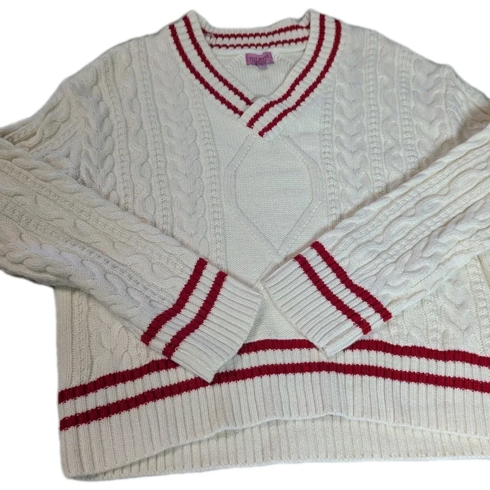 mi ami for francesca's V-Neck Cable Knit Sweater Red & Cream Varsity XS - Picture 7 of 11